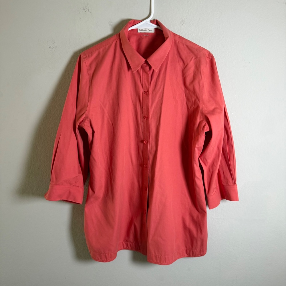 Coldwater Creek Womens Coral Pink 100 Cotton 3/4 Sleeve Button Down‎ Shirt 416